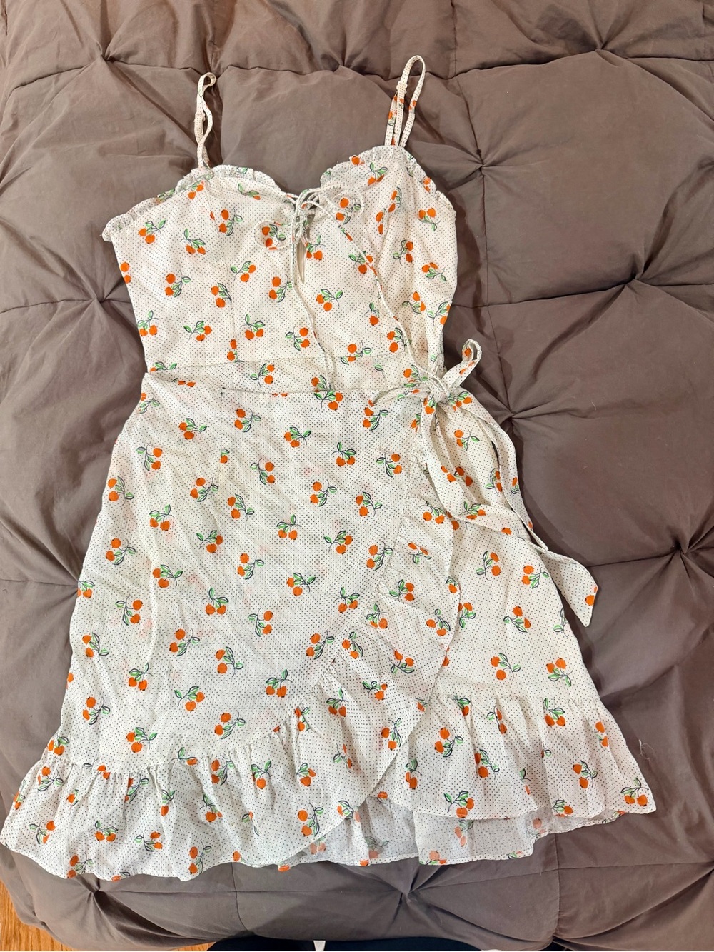Cherry-Print White Mini Wrap Dress with Ruffle Hem